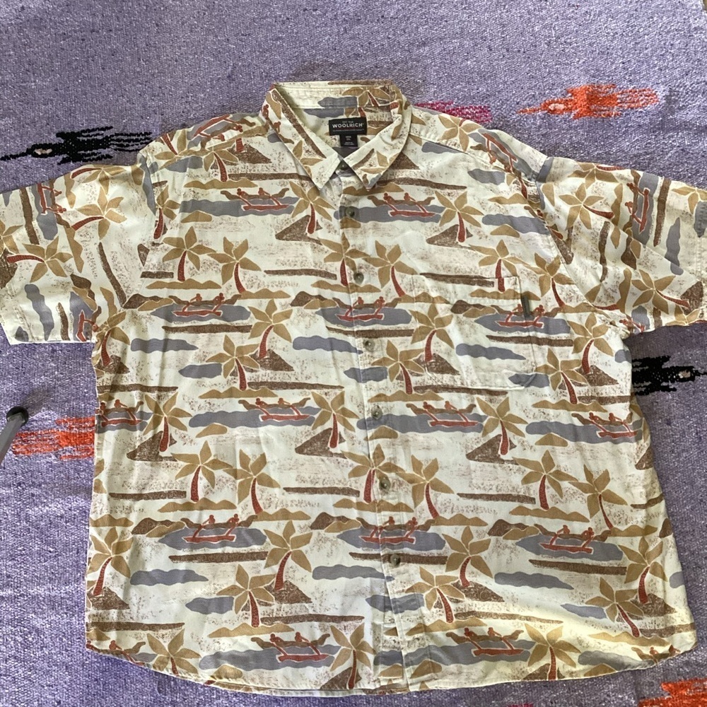 Vintage Woolrich Shirt Men 2XL Hawaiian Palm Trees Birch Tropical Canoe Aloha
